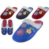 Women's Satin Velour Floral Embroidery Upper Close Toe House Slippers