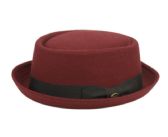 Round Shape Wool Blend Pork Pie Fedora Hat With Grosgrain Band In Burgandy
