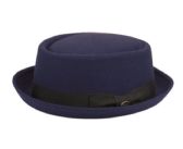 Round Shape Wool Blend Pork Pie Fedora Hat With Grosgrain Band In Navy
