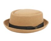 Round Shape Wool Blend Pork Pie Fedora Hat With Grosgrain Band In Tan