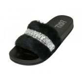 Wholesale Footwear Women's Faux Fur Upper With Rhinestone Top Slide Sandals Black Color Only