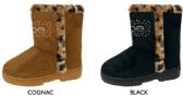 Wholesale Footwear Girl's Microsuede Winter Boots W/ Bebe Rhinestone Logo & Leopard Faux Fur Trim