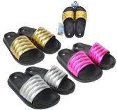 Wholesale Footwear Women's Black Moto Slide Sandals w/ Metallic Straps