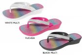 Wholesale Footwear Girl's MinI-Wedge Thong Flip Flop Sandals W/ Rainbow Glitter Footbed & Rhinestone Strap