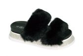 Women's Fluffy Faux Fur Slippers Comfy Open Toe Two Band Slides In Black