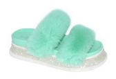 Women's Fluffy Faux Fur Slippers Comfy Open Toe Two Band Slides In Mint