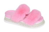 Wholesale Footwear Women's Fluffy Faux Fur Slippers Comfy Open Toe Two Band Slides In Pink