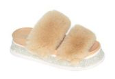 Women's Fluffy Faux Fur Slippers Comfy Open Toe Two Band Slides In Beige