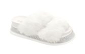 Women's Fluffy Faux Fur Slippers Comfy Open Toe Two Band Slides In White