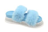 Women's Fluffy Faux Fur Slippers Comfy Open Toe Two Band Slides In Blue