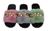 Wholesale Footwear Womens Sliders Plush House Slippers Flat Sandals Fuzzy Open Toe With Chain Slippers In Assorted Color