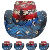 High Quality Paper Straw Red Striped Blue Brim Cowboy Hat