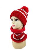 Stripe Design Pom Pom Winter Hat And Neck Warmer Set Fleece Line